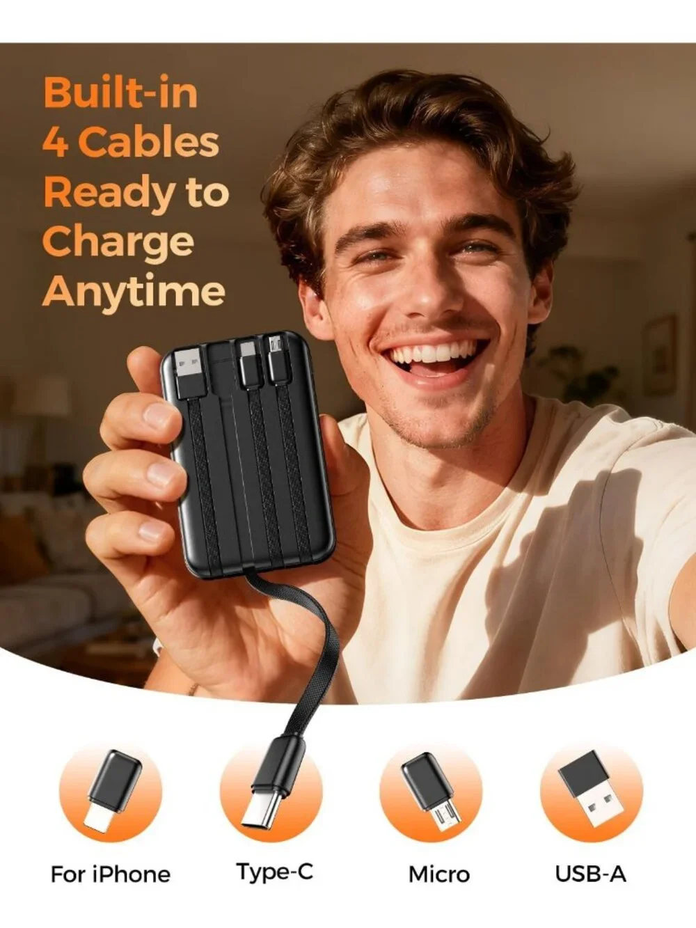 Compact 10000mAh Portable Charger with 4 Built-in Cables - Ultra Slim